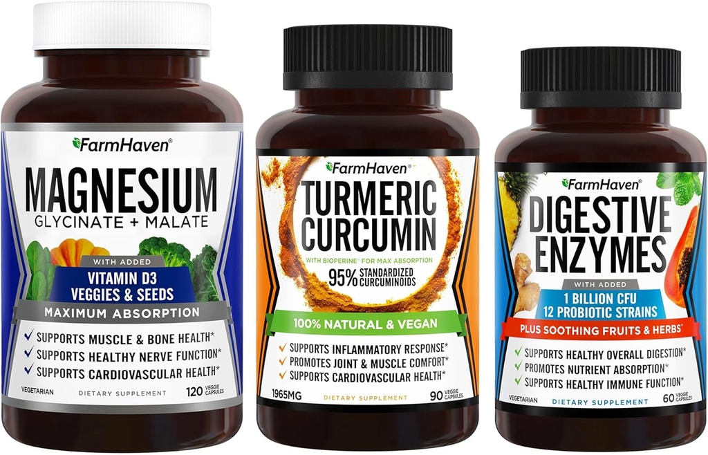 FarmHaven Magnesium Glycinate & Malate Complex w / Vitamin D3 & Turmeric Curcumin med BioPerine Black Pepper & Digestive Enzymer med 18 probiotika og urter