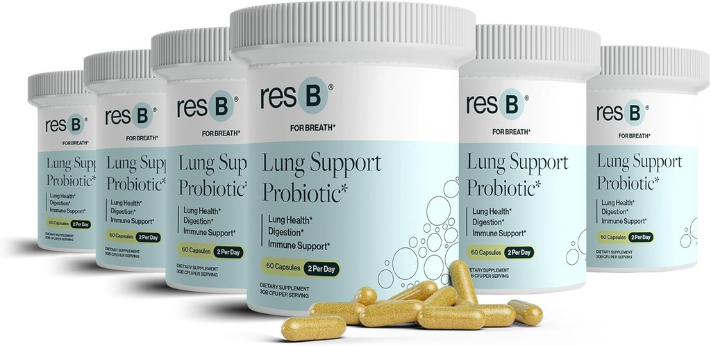 resbiotiske resB Lung støtte probiotiske kosttilskudd - Lung Health Supplement for røykere, Gut helse, immun støtte, pustebehandling, Holy Basil, Turmeric, klinisk utprøvd - 360 kapsler (6 flasker)