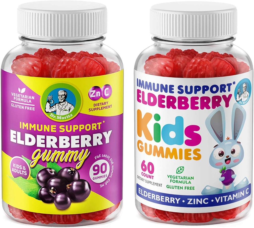 DR. MORITZ Elderbær Gummies for barn og familie immunsystem Booster og helse støtte med svart Sambucus Elderbær ekstrakt - Vitamin og sink herbal immunforsvar Boost Supplement for barn
