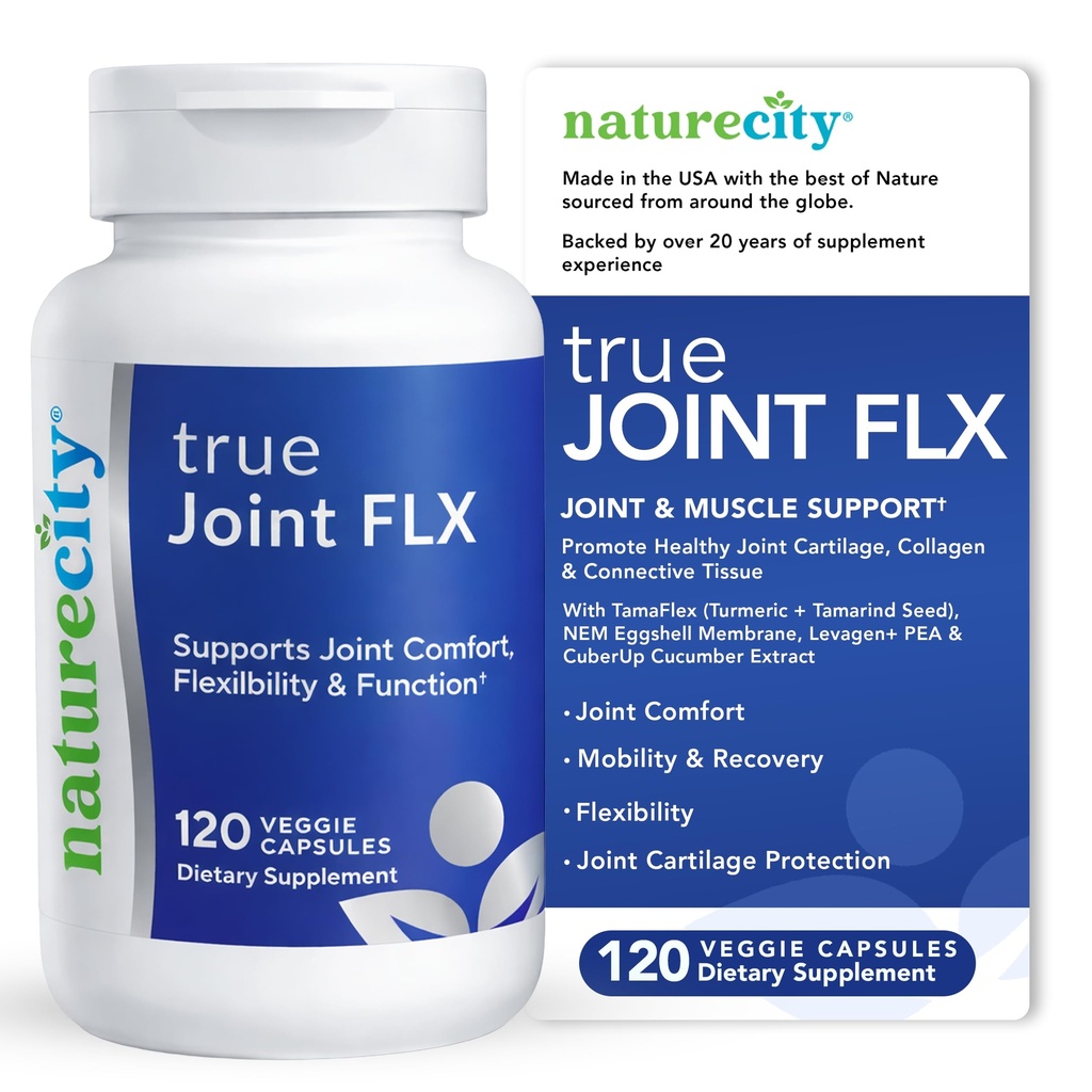 NatureCity True-Joint FLX Joint Supplement Formula (120 kapsler) | TamaFlex, NEM Eggshell Membrane, Levagen+ PEA & CuberUp | støtter felles komfort, fleksibilitet, mobilitet, funksjon og Cartilage helse