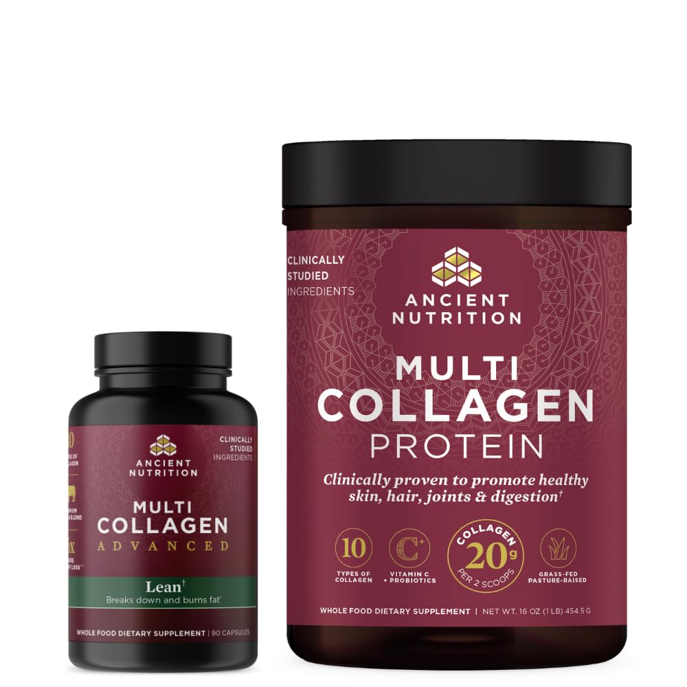 Antikkens Ernæring Multi Collagen Avanserte Kapsler, Lean, 90 greve + Multi Collagen Protein Powder, Unflavored, 45 Serveringer