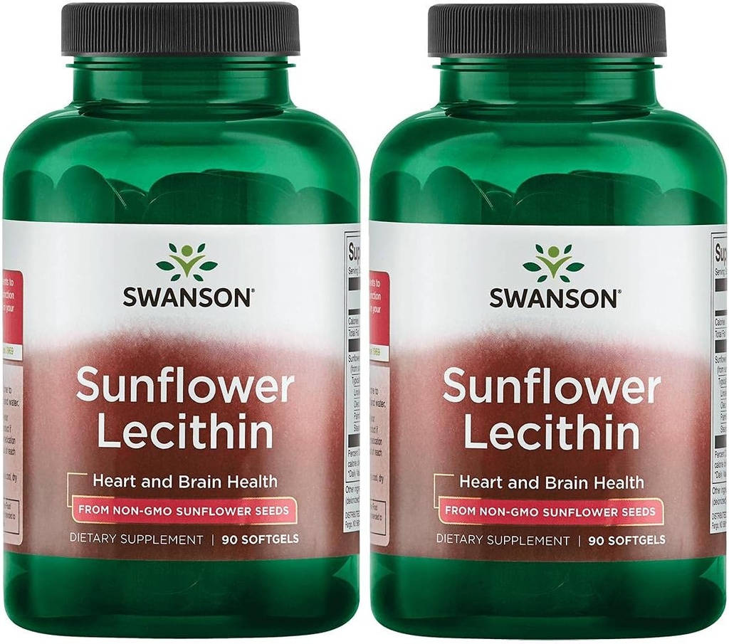 Swanson Sunflower Lecithin - Herbal Supplement som fremmer sunn hjernefunksjon - Naturlig formel som støtter hjertehelse og sunn lipidbalanse - (90 Softgels, 1200mg Hver) 2 Pack