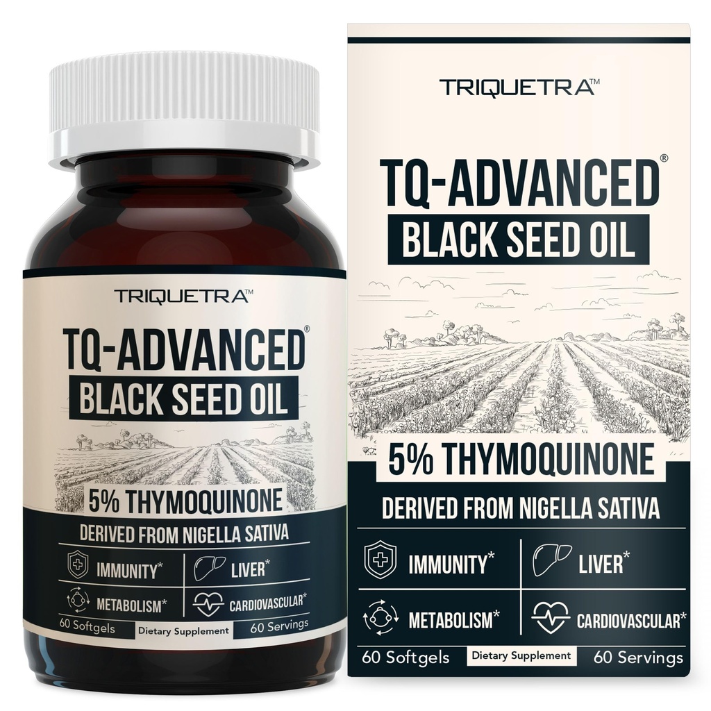 Svart Seed Oil Softgels | 5% Thymoquinon - TQ-Advanced® | Høy styrke - 500 mg per kapsel - 15:1 Konsentrat fra Nigela Sativa Extract, Raw Form, Vegansk Formula, Glassflaske (60 Softgels)