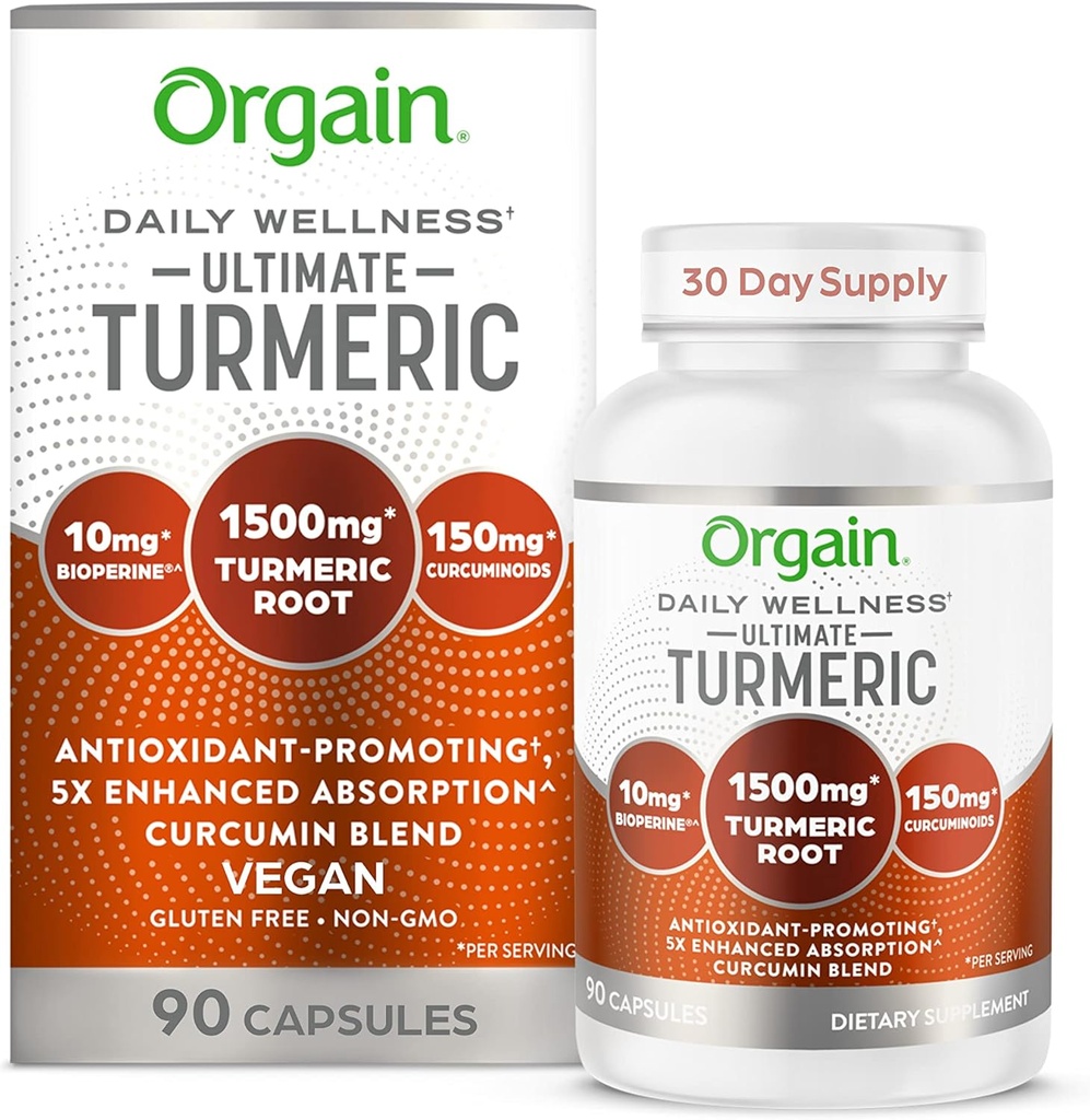 Orgain Ultimate Turmeric Supplement 1500 mg, Curcumin og Bioperine Black Pepper Extract Herbal Blande, støtter Antioksidant og hjerte helse - 90 kapsler, 1 måneds forsyning