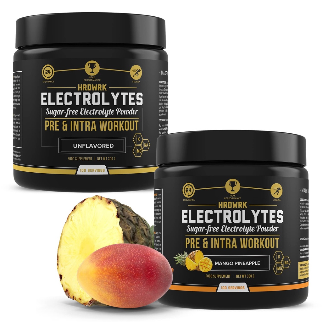 HRDWRK - 100 Services Keto Electrolytes pulver Hydration Sukker Gratis - Electrolyte pulver for å øke utholdenhet og redusere tretthet med elektrolyter Supplement - Uslavored & Mango Pineapple sett