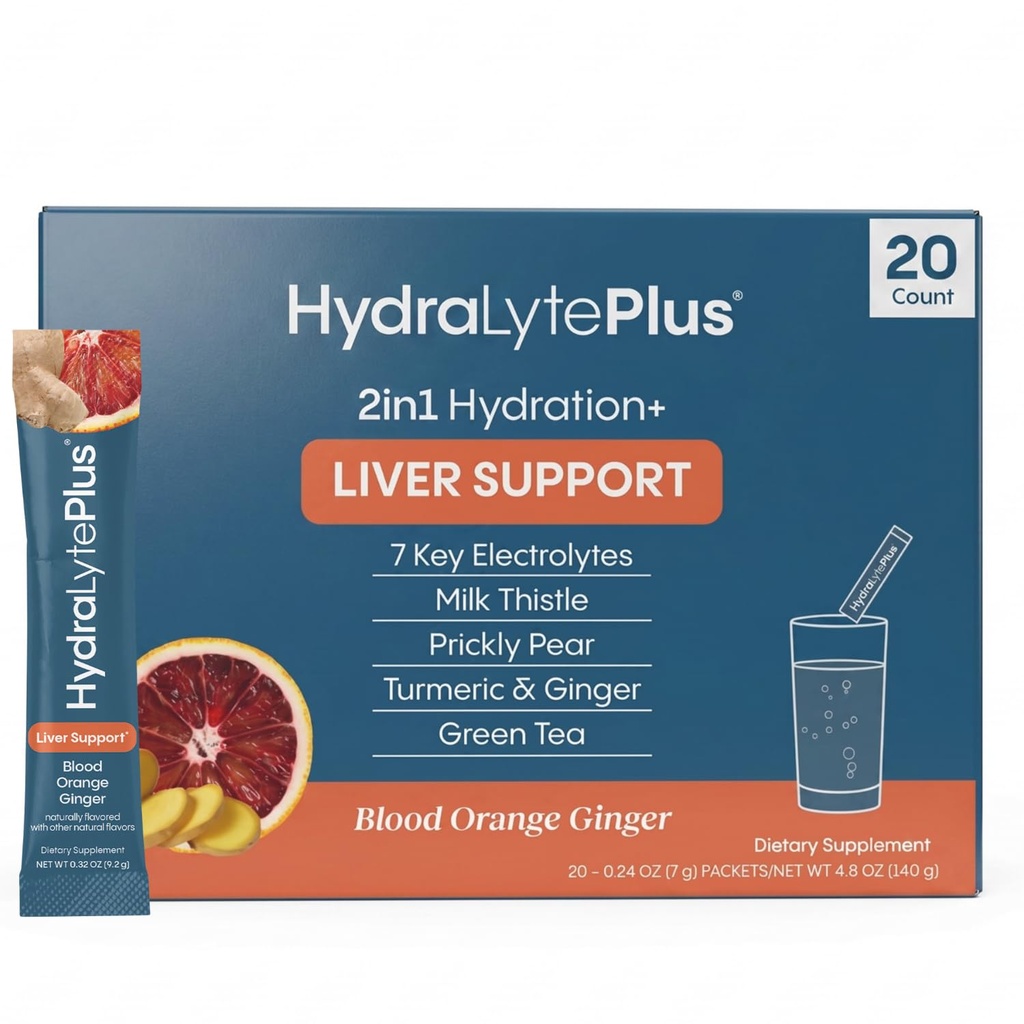 Hydralyte Liver Support + Electrolyte Blande med melk Thistle, Turmerisk, Ginger, Prickly Pear, Grønn Te Ekstrakt Formulert for rask rehydrering (Blod Orange Ginger, 20 Packets)