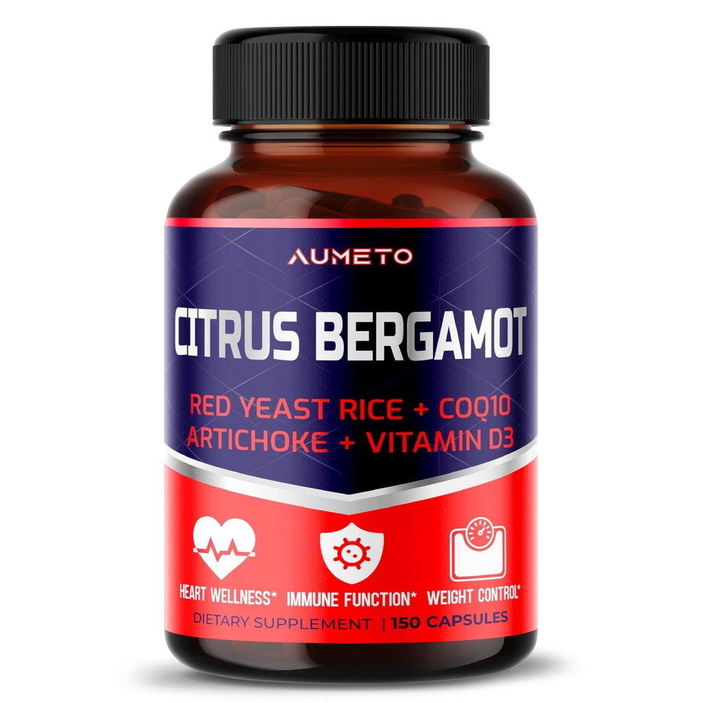 Citrus Bergamot Supplement med rødt yeast Rice, CoQ10, Artichoke, vitamin D3 - Støtte samlet sirkulasjon velvære og immunsystem (150 Count (Pack of 1))
