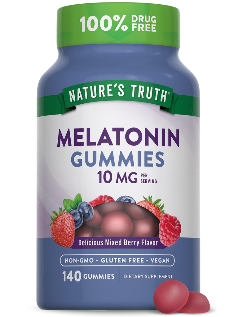 Naturens sannhet Melatonin Gummier | 10 mg | 140 greve | Berry Flavor | Vegansk, ikke-GMO & Glutenfri Supplement for voksne