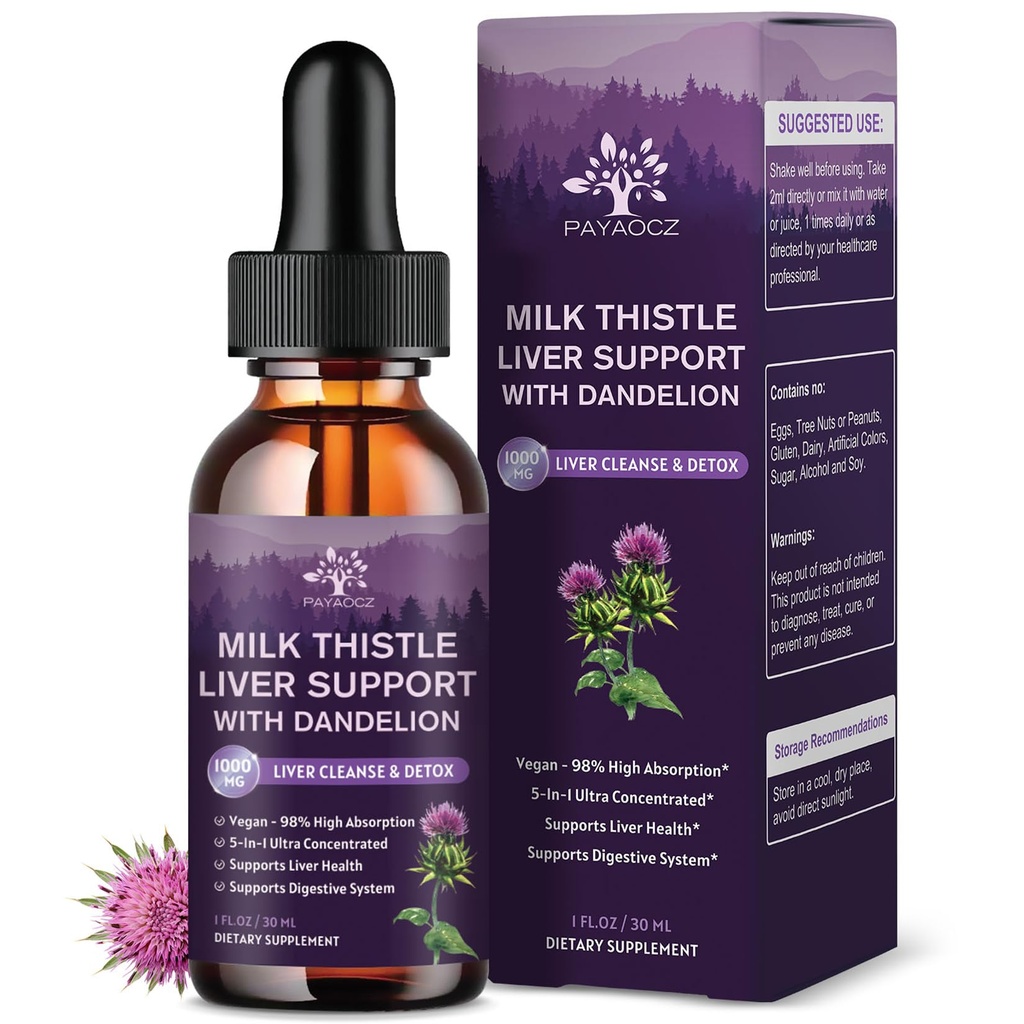 (4 pakke) Melk Thistle flytende drops Silymarin 1000mg, Liver Supplement Detox & Cleanse med Dandelion & Artichoke, Melk Thistle Organic Extract for støtte Repair Liver Health, Vegan, Non-GMO, 1 Fl Oz