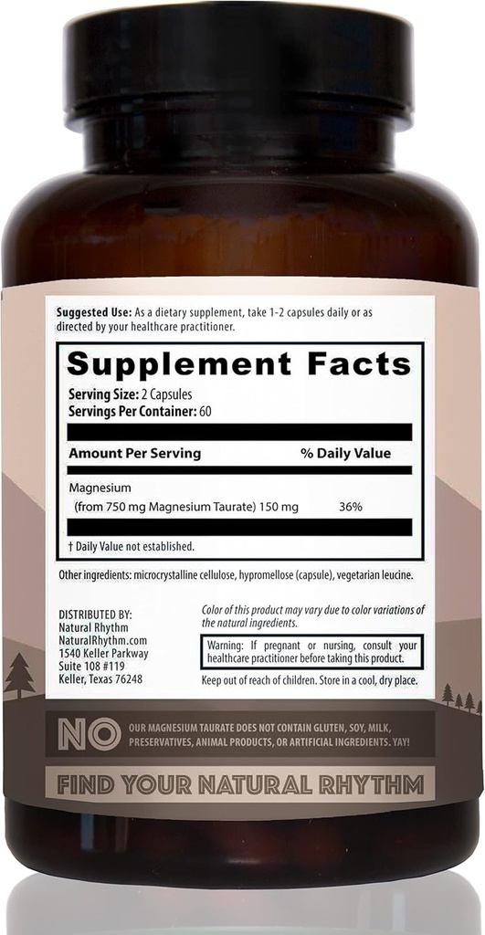 Naturlig Rhythm Magnesium Taurate 120 Kapsler + vitamin D3 + K2 (MK7) 30 Kapsler Bundle