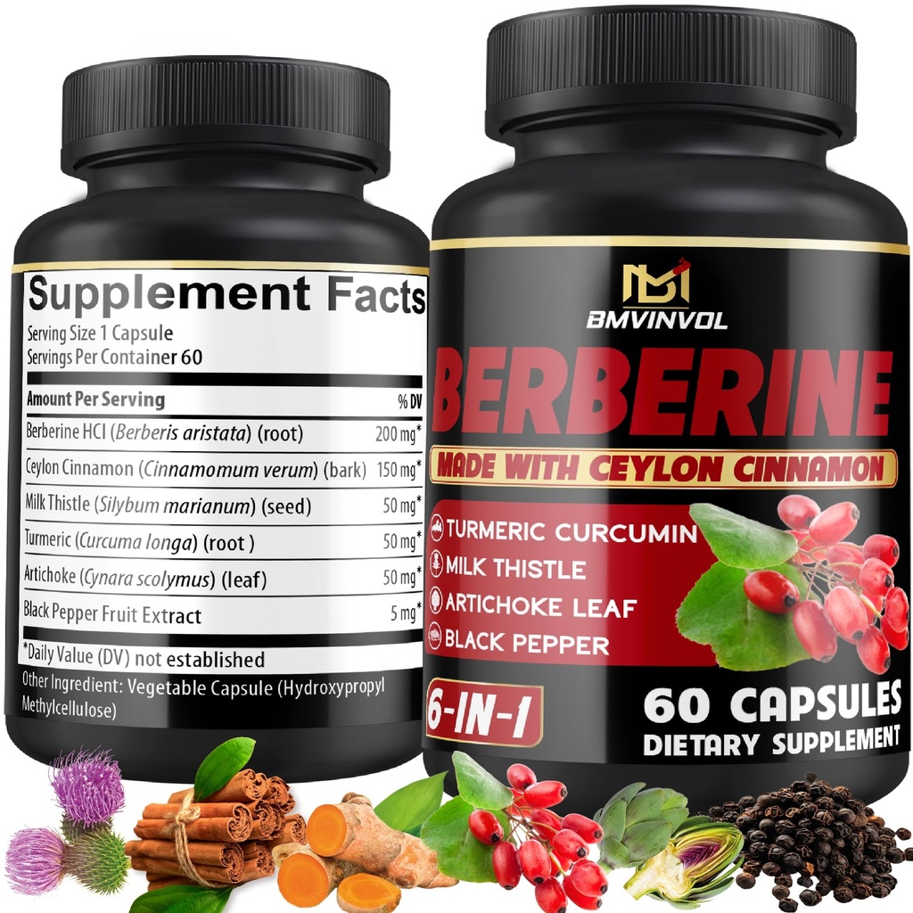 Berberin Supplement med Ceylon Cinnamon, Turmeric, Artichoke, Melk Thistle - Berberine HCl Supplement piller - 60 kapsler [2 month Supply]