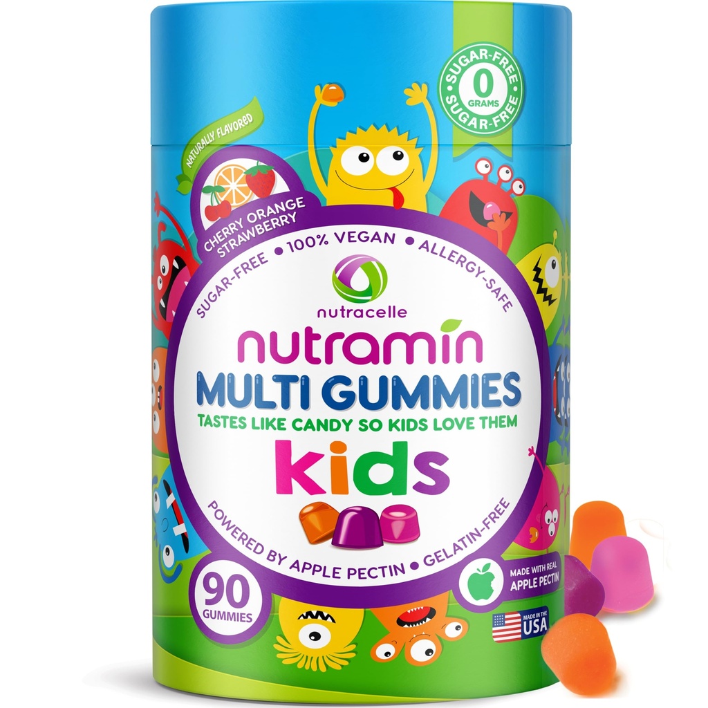 Nutracelle NUTRAMIN Sukker-fri, Allergen-fri 100% Vegan Gummy Multivitaminer for barn - Great Tasting Naturlige Gummier Dine barn vil elske - 90 Count Bottle