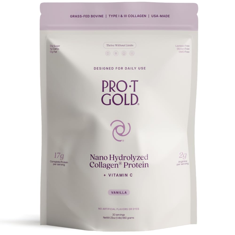 ProT gull kollagen protein pulver, 17g protein Nano-hydrolysert korn Fed kollagen, Vitamin C, 2g Arginin for sår støtte, Glutenfri, Alle naturlige, fett og sukker gratis, 0g karbohydrater, Vanilla, 23 oz, 30