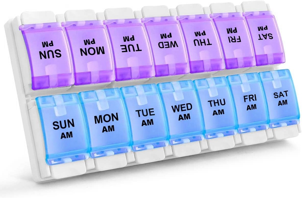 Sukuos AM PM Ukenlig 7 dagers pilleorganisator, 2 ganger en dag piller boks med artritt vennlige trykkknapp, medisinske tilfeller for vitamin/fish olje/supplements, lett å rengjøre (Purple&Blue)
