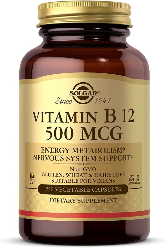 Solgar Vitamin B12 500 mcg, 250 Grønnsaker - Energimetabolisme - Nervesystem Støtte - Fremmer hjerte helse - Ikke-GMO, Vegan, Glutenfri, Dairy Free, Kosher, Halal - 250 Services