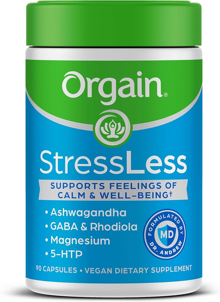 Orgain StressLess, Vegan Stress Relief Supplement - Blanding av magnesium, sitron Balm, GABA, 5 HTP, Rhodiola Rosea, Ashwagandha og kamille, Glutenfri, doktor formulert - 90 dagers forsyning