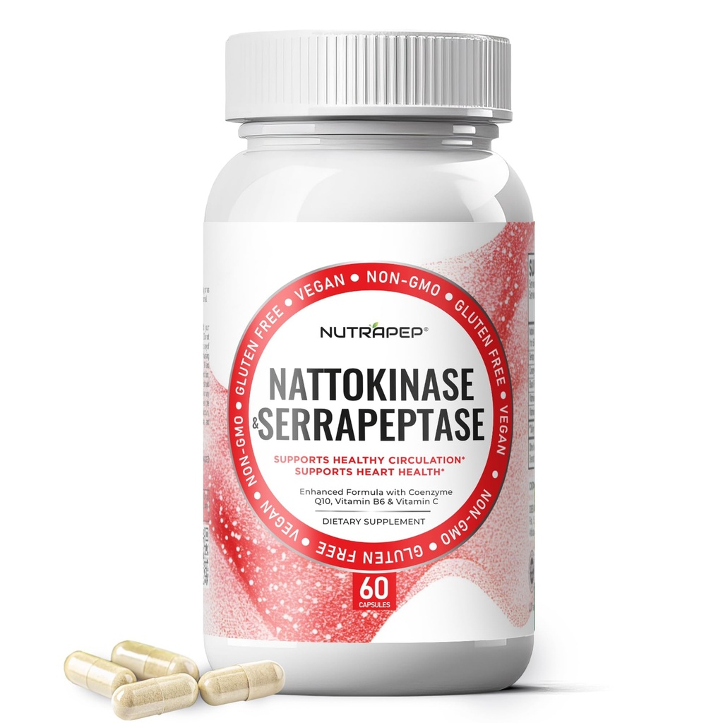 Nattokinase 2000 FU Serrapeptase 240000 SPU Supplement - Forbedret med Coenzym CoQ10 Vitamin B6 Vitamin C Svart Pepper Ekstrakt - Nattokinase 400mg Kapsel for menn