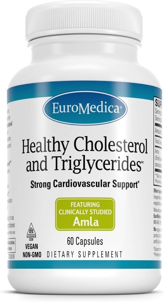 Euromedica Healthy Cholesterol og triglycerider - 60 kapsler - klinisk studert Amla - støtter sunne HDL & triglycerider nivåer - ikke-GMO, Vegan, Kosher - 30 Services