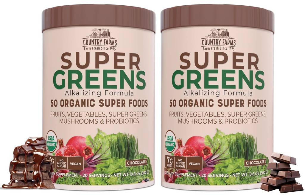 COUNTRY FARMS Super Greens Sjokoladeflavor, 50 økologiske supermatvarer, USDA økologiske drikkeblanding, frukter, grønnsaker, supergrønnsaker, mushrooms & probiotika, støtter energi, 40 serveringer, 10,6 Oz, 2 pakke