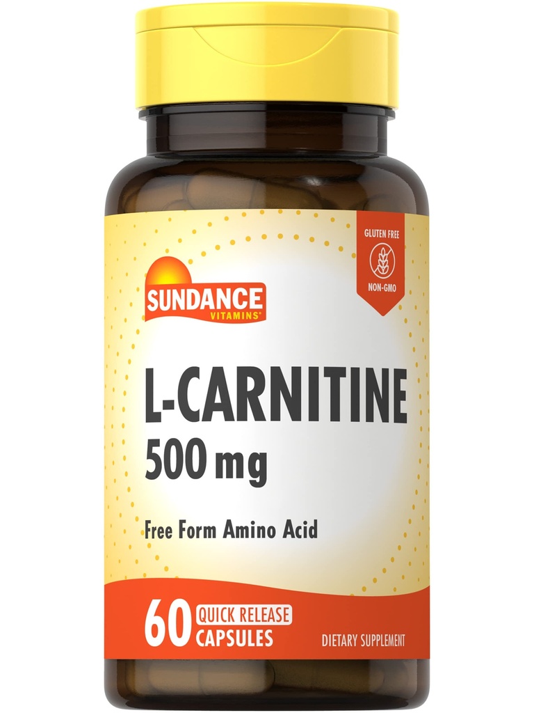 Sundance L-Carnitine Tartrat Supplement 500 mg | 60 kapsler | Gratis skjema Aminosyre | Ikke-GMO og Glutenfri piller