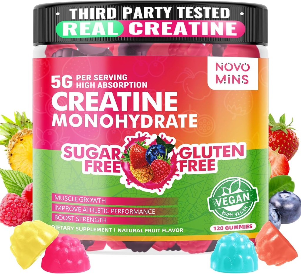 novominer Kreatin Monohydrat Gummies 5000mg for menn og kvinner, Chewables Kreatin Monohydrat for muskel styrke, muskelbygger, energiøkning, Pre-Workout Supplement (120 greve)