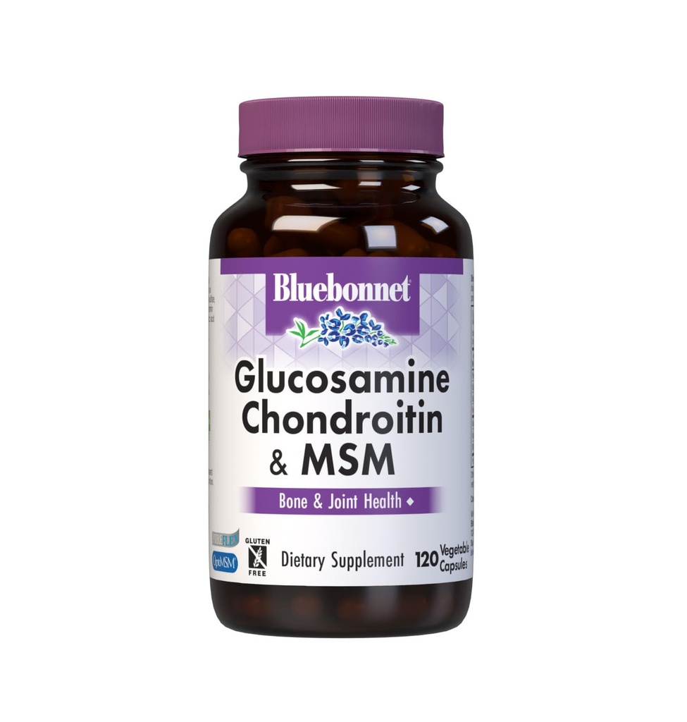 Blåbonnet Ernæring Glukosamin Chondroitin & MSM, Glukosamin, Bein & Felles Helse*, Ikke-GMO, Glutenfri, Soya-fri, Dairy-Free, 120 Grønnsaker Kapsler, 40 Serveringer