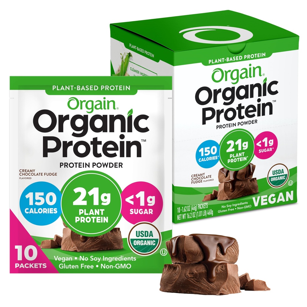 Orgain Organic Vegansk Protein pulver, Kremet sjokolade fudge - 21g Plant Protein, 6g Prebiotiske Fiber, Lav carb, Ingen Laktose ingredienser, Ingen tilsatt sukker, Ikke-GMO, For Shakes & Smoothies, 10 reisepakker