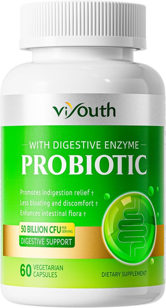 Probiotika for kvinner og menn - Probiotiske 50 milliarder CFU 18 Strains & 5 Digestive Enzymer for Gut Helse, Immune - Probiotika Kapsler støtter gass & Bloating, Naturlig, Ikke-GMO, Glutenfri, 60ct