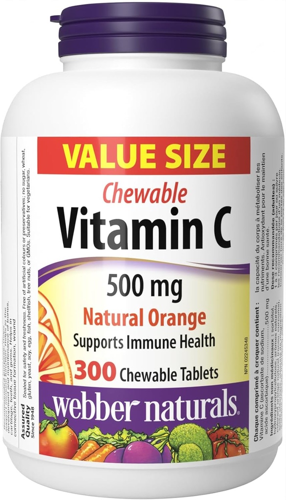 Weber Naturals C-vitamin, 300 Chewable Orange Tabletter, 500 mg vitamin C per tablett, bein, tann, immun og antioksidant støtte