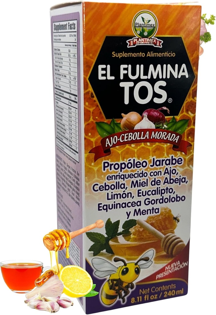 EL FULMINA TOS Propoleo +AJO + CEBOLLA + Miel+Limon+Eucalipto+Equinacea+Gordolobo & Menta (Propolis Syrup W/Garlic og løk) 8.11 fl Nutritional Supplement Cough Syrup FULMINA TOS