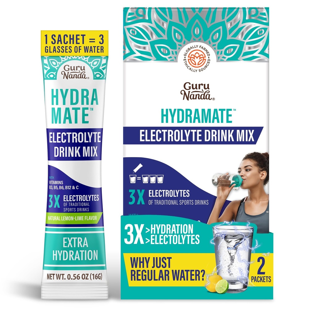 GuruNanda Hydramat Hydration Support Drink Mix - Elektrolytt pulver pakker for dehydrering, trening og energi - Ingen tilsatt søtningsmidler, ikke-GMO, Naturlig sitron Lime Flavor - 2 greve (0,56 oz Hver)