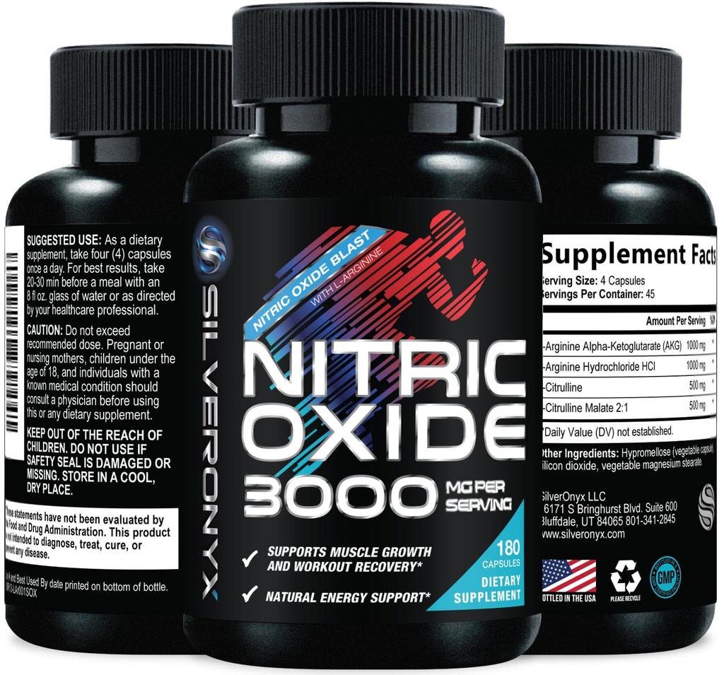 Extra styrke Nitric Oxid Supplement 3X Styrke L Arginine, Citrulline Malate, AAKG, Beta Alanine - Premium Muskel støtte Nitric Booster - Naturlig energi og hjerte helse støtte - 180 Kapsler