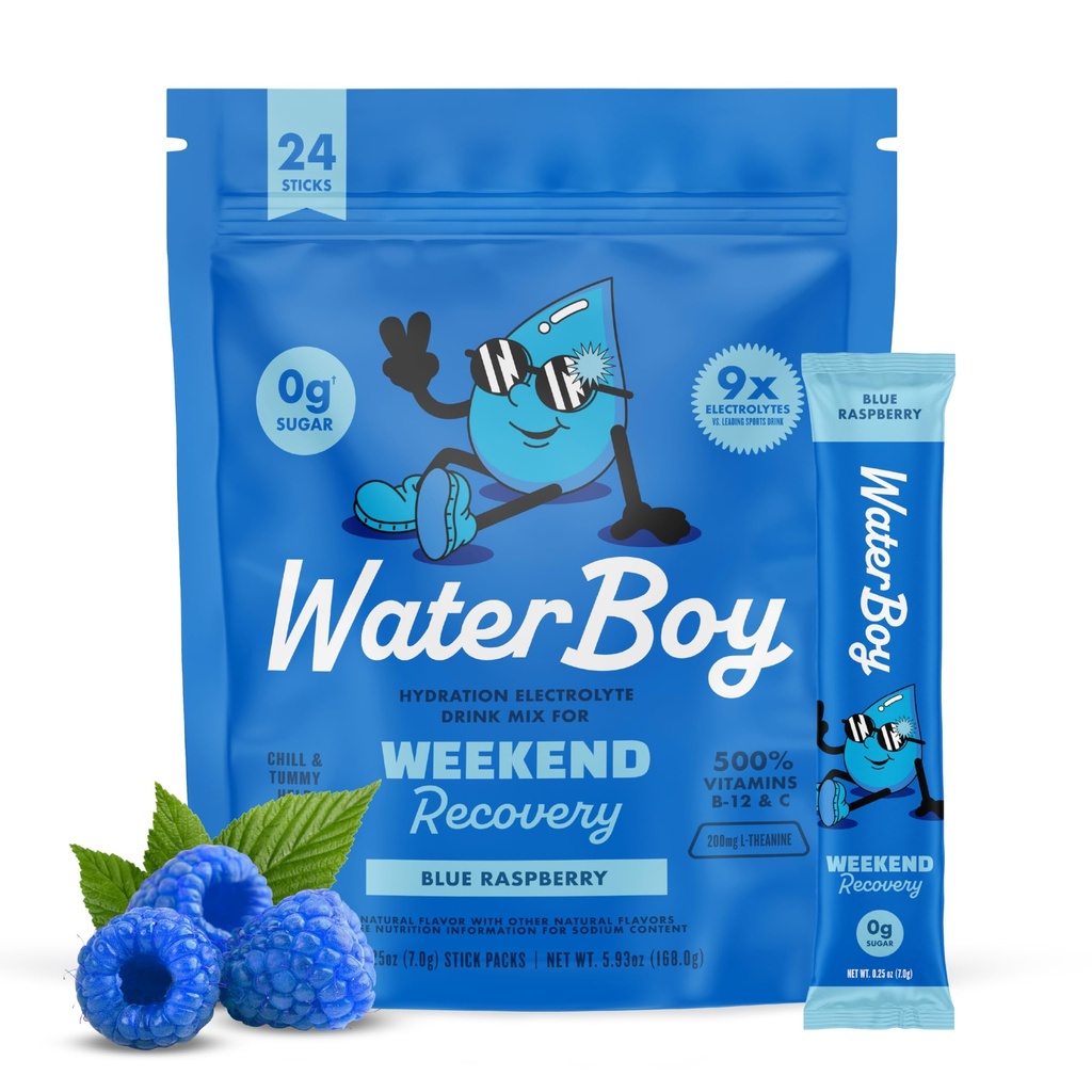 Waterboy Weekend Recovery | 3200mg Electrolyte pulver pakker | Ginger + L-Theanine + Vitaminer | Ingen sukker, alle naturlige, glutenfri | 24 drikke Stick Blander (Blue Raspberry)