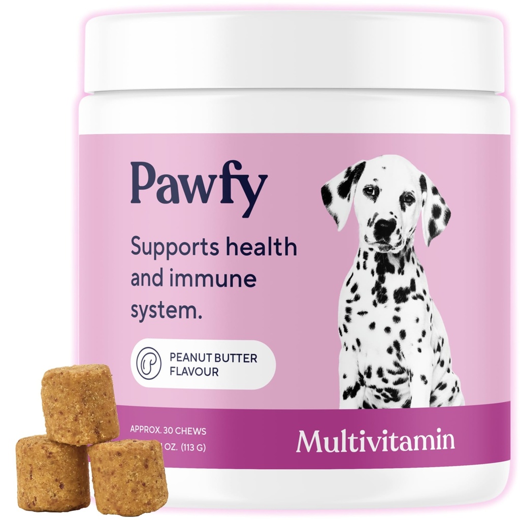 Pawfy Hund Multivitaminer 15 i 1 | Hundevitaminer for hud & Coat - Støtter total velvære | Avanserte senior hund kosttilskudd fra anlednings kløe | Puppy Tasty Vitamin C Chews - 30 greve
