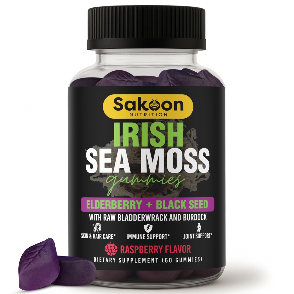 Irish Sea Moss Gummies med eldrebær og svart frøolje - Overordnet velvære støtte | rik på vitaminer, bringebær flavor | 60 Gummies