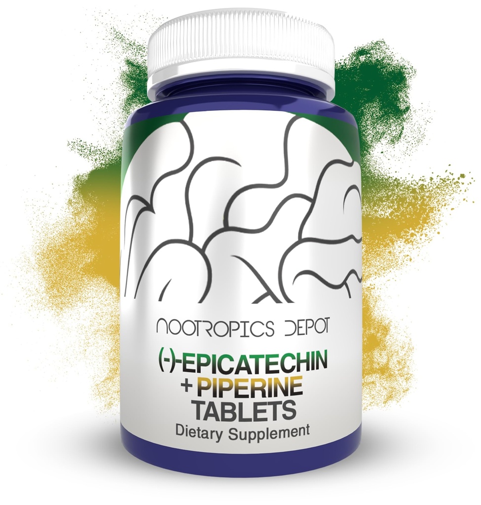 Nootropics Depot Epicatechin-tabletter | 200 mg (−)−Epicatechn + 6 mg Piperin for biotilgjengelighet | Grønn teekstrakt | fremmer muskelmasse, kardiovaskulær helse, og energi | 90 greve