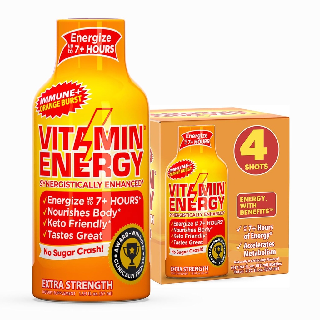 Vitamin energi immun + ekstra styrke energi Shot - Orange Burst - 100% DV B-vitaminer & 260mg koffein - null kalorier, sukker-fri, vegansk, - immunitet & energi støtte - 1.93 fl oz, 4-Pack