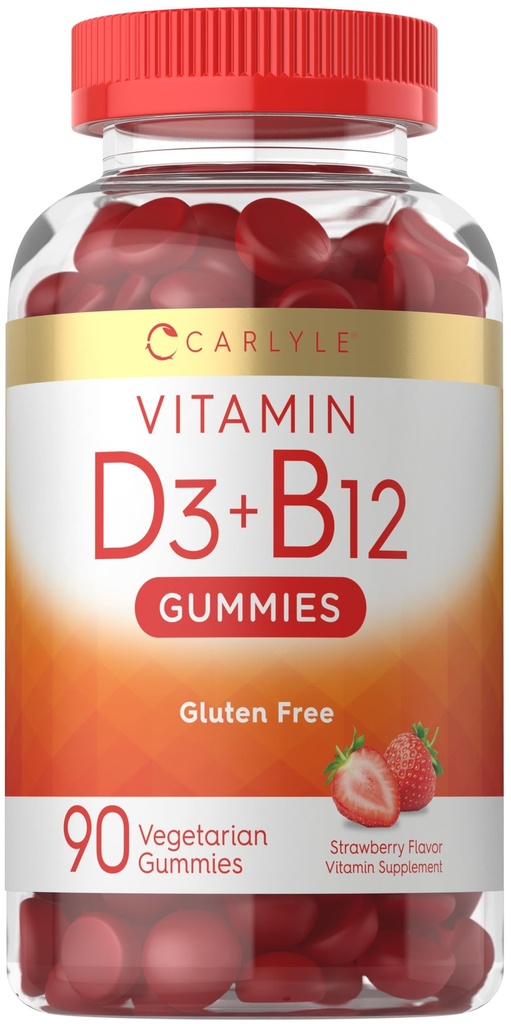 Carlyle Vitamin D3 + B12 Komplekse Gummies | 90 greve | Vegetarisk, ikke-GMO, og glutenfri formel | Jordbær Flavor Supplement