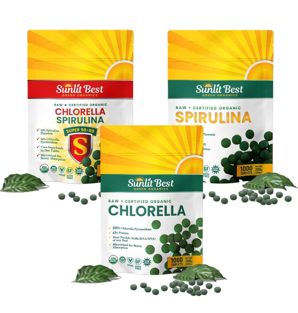 Sunlit Best Ultimate Chlorella & Spirulina Bundle | Super Greens Kosttilskudd for immunstøtte, Gut helse, humør og energi