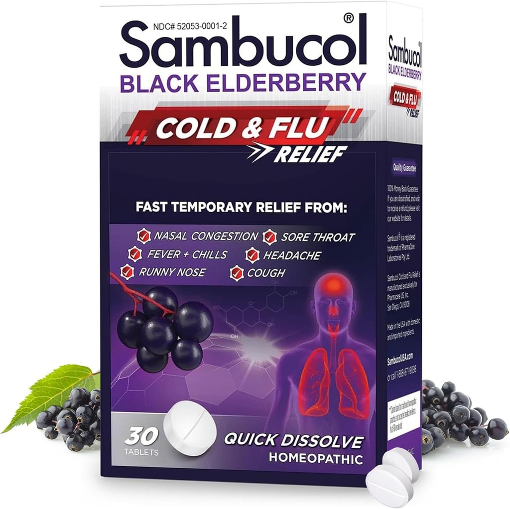 Sambucol Cold og influensa Relief Tabletter - Homeopatisk kald medisin, Remedy for voksne, Svart Elderbær for kulde, Sink Remedy - 30 Count