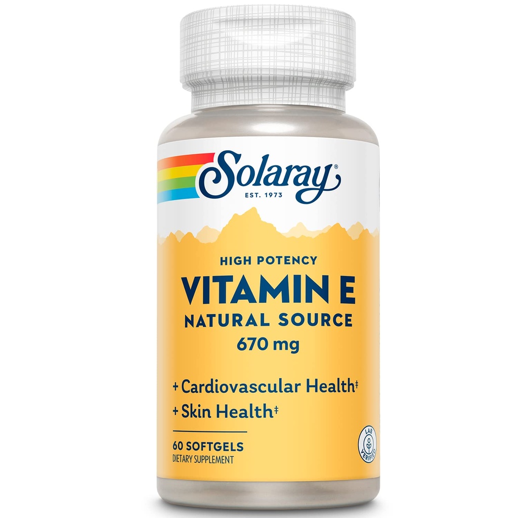 SOLARAY vitamin E 1000 IU Softgel Kapsler, 670 mg - d Alpha Tokopherol vitamin E Kosttilskudd - Hud Helse, hjertefunksjon og Antioksidant støtte - 60-dagers garanti - 60 Serveringer, 60 Softgels
