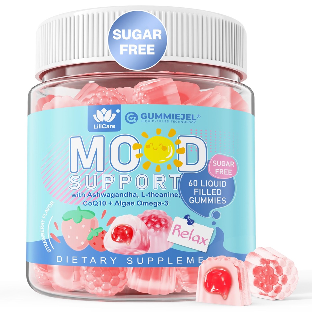 Ashwagandha Saffron Calm Gummies + Omega 3, L-Theanine & CoQ10 for kvinner menn, naturlig beroligende Happy Relax Gummies for voksne, Mood Support Supplement Gummy, Jordbær Flavor, Sukkerfri, Vegan, 60ct