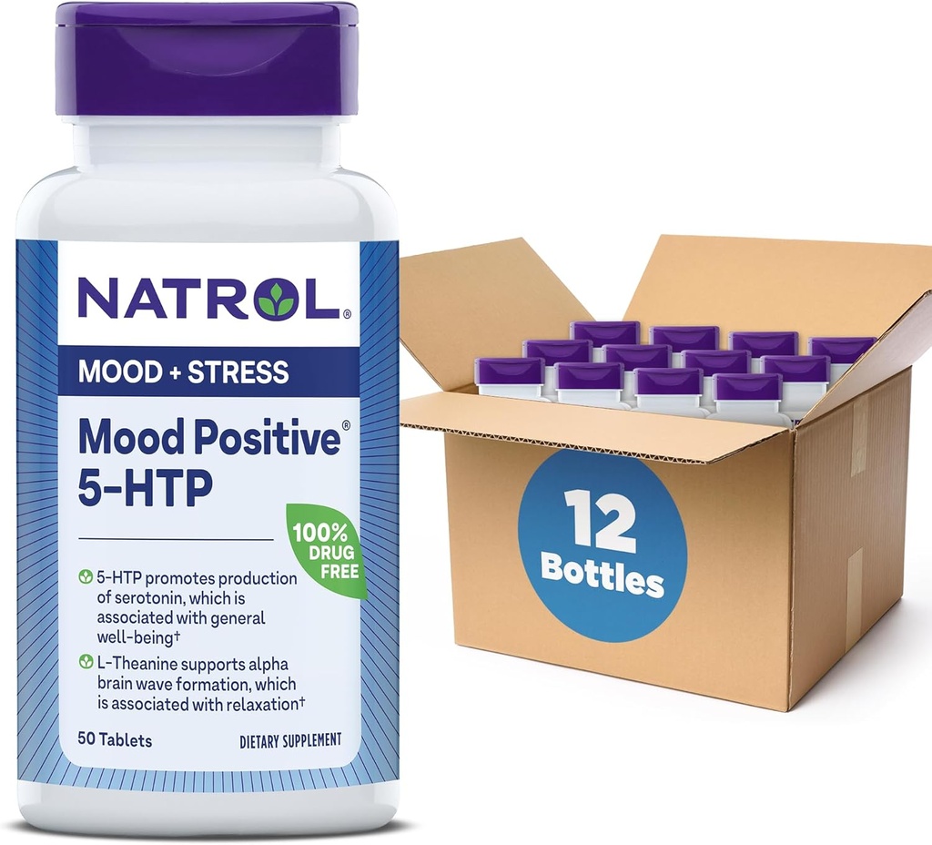 Narol Mood Positive 5-HTP 50mg med L-Theanine, vitamin B6, vitamin B12 og folat, Diett Supplement hjelper støtte en positiv Mood, 50 tabletter, 25-50 dagers forsyning (pakke på 12)