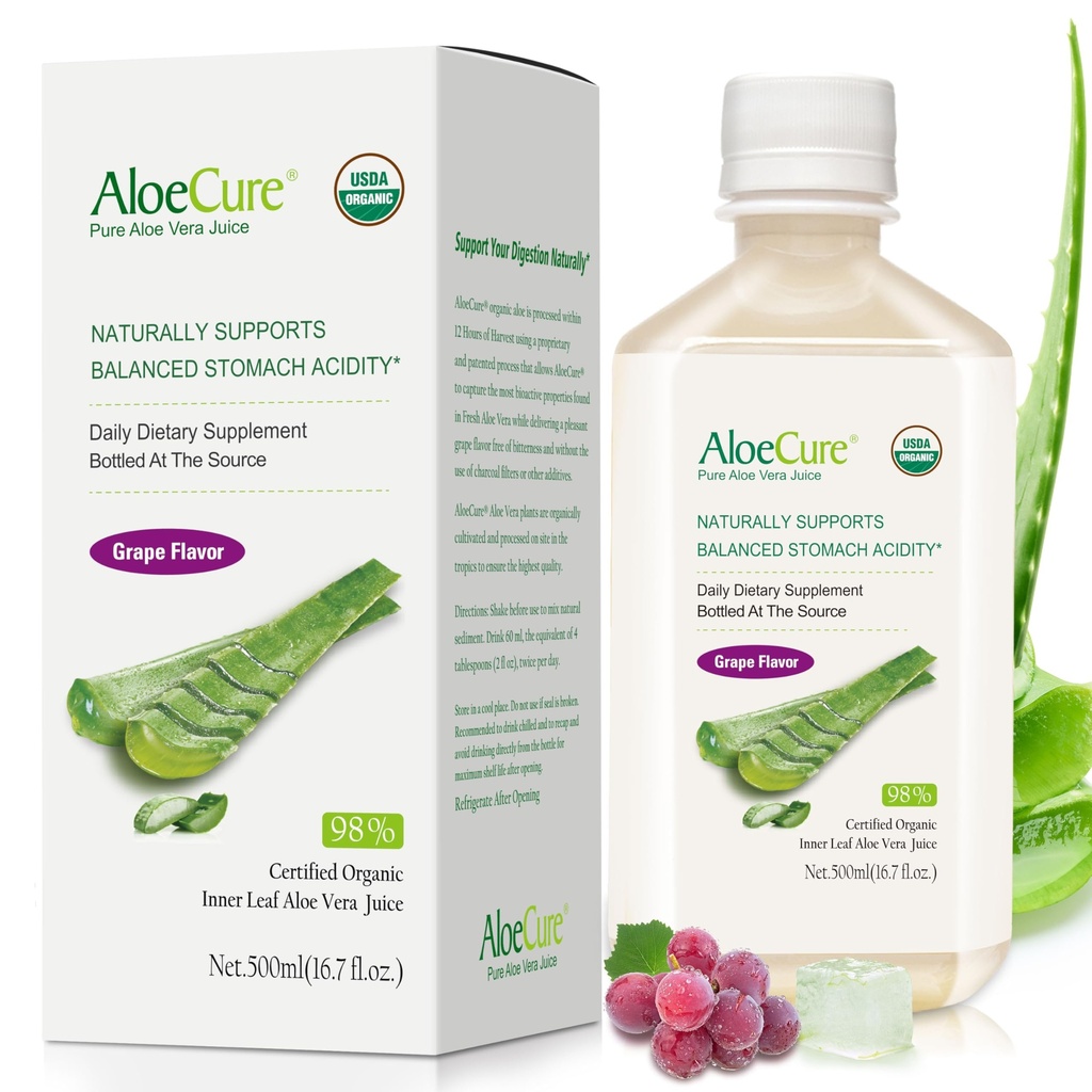 AloeCure USDA Organic Aloe Vera Juice Grape Flavor, laget innen 12 timers høst - ren aloe Vera Digestive & Immune Helse Supplement, hjelper opprettholde balansert magesyre, 16,7oz Flaske
