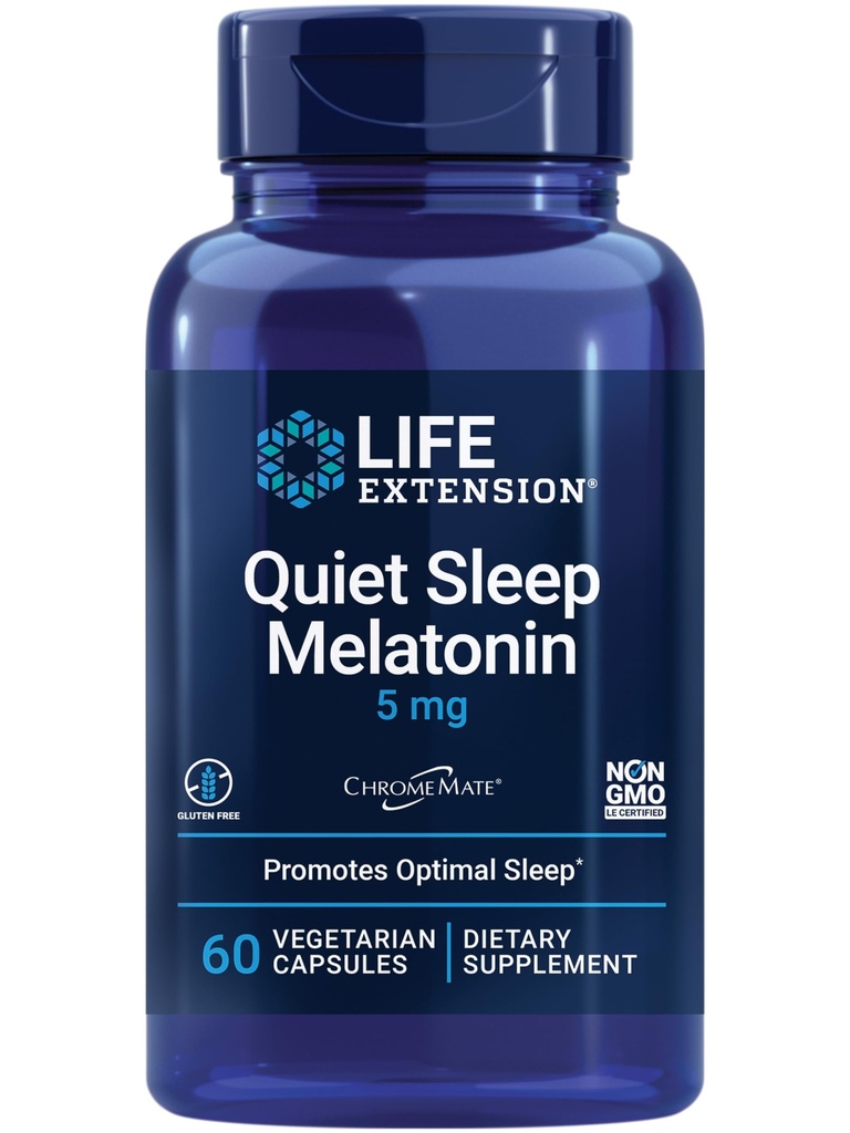 Livsforlengelse Stille søvn melatonin, 5 mg, kraftig søvnstøtte, sunn circadian rhythms, cellulært forsvar, glutenfri, ikke-GMO, vegetarisk, 60 kapsler