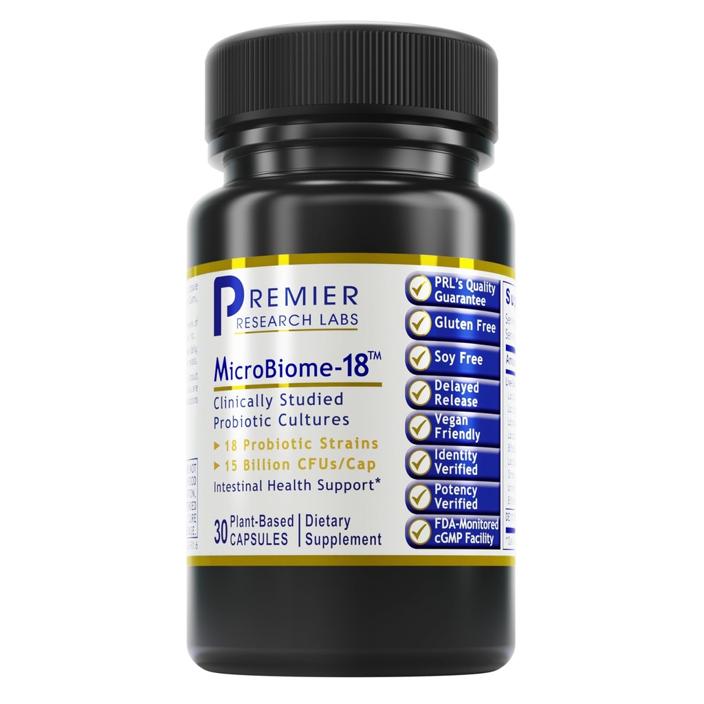 Premier Research Labs MicroBiome-18 - Probiotika for Digestive Helse, Probiotika med Lactobacillus Acidophilus for kvinner og menn, Reuteri for sunn Gut Microbiom - 30 Vegetariske kapsler