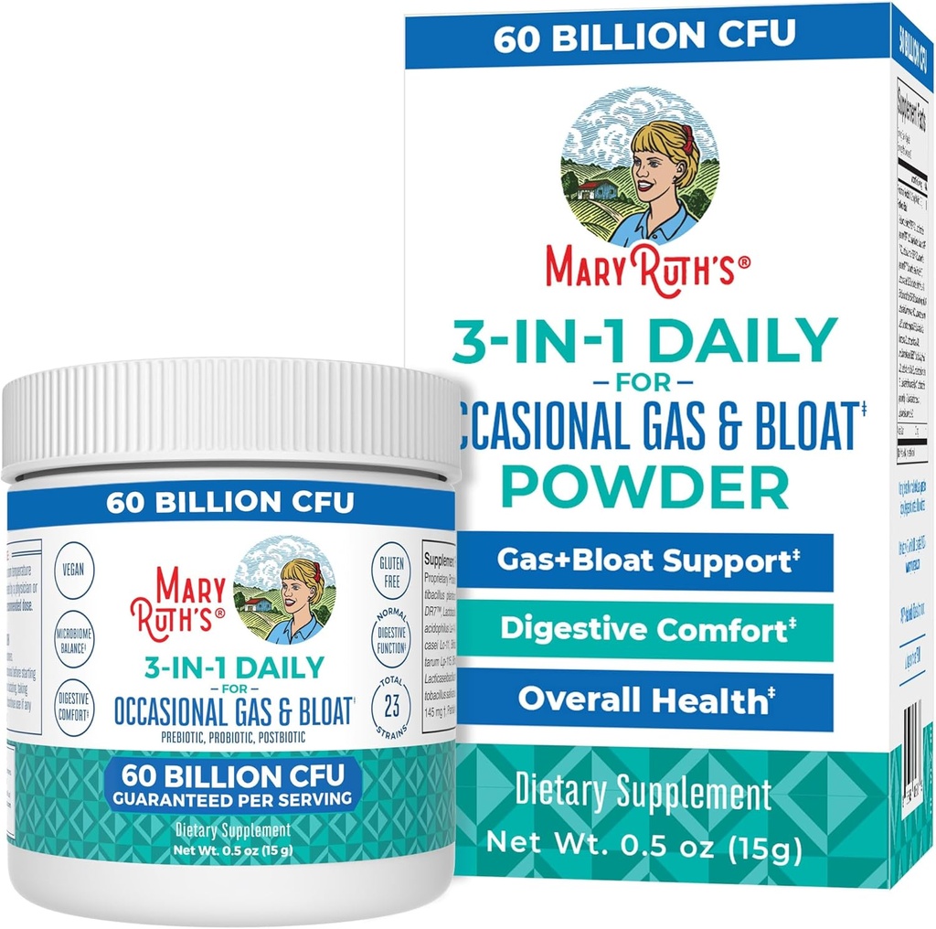 MaryRuth Organics 3-i-1 Gass & Bloat Probiotika | Probiotika for normal digestiv funksjon | Probiotika for kvinner og menn | Prebiotika & Postbiotika | 60 milliarder CFU | hyllestabil | 0,5 oz