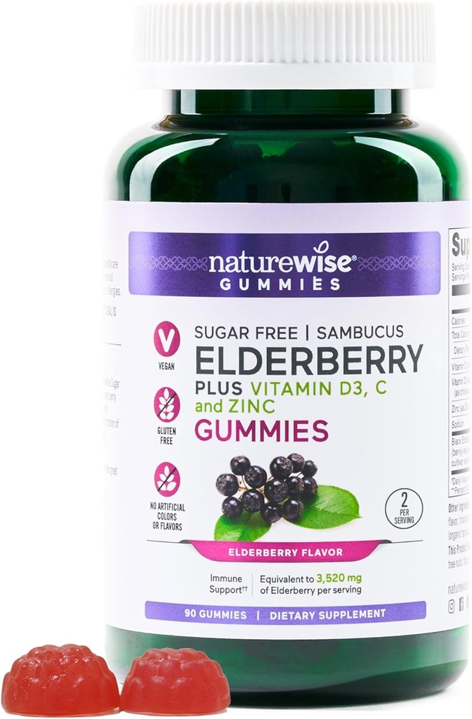 NatureWise Sambucus Elderberry Gummies - Sukkerfri - Daglig immunstøtte Supplement for barn og voksne*, med vitamin C, D3, sink - Vegan, Glutenfri, ikke-GMO - 90 greve[45-dagers forsyning]
