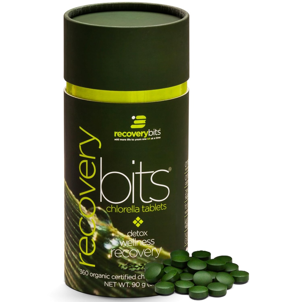 RECOVERYbits - Organic Chlorella Tabletter - Plant-baserte Algae Superfood - Klorophyll - Cracked Cell Wall - Energi - Immunsystem - Detox - Keto - Vegan - Ikke-GMO - liten Canister - 360 Tabletter