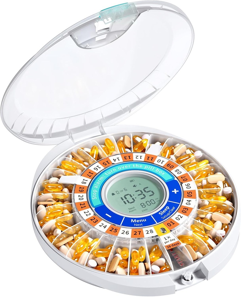Daviky Automatic Pill Dispenser for eldre med alarm, 28-dagers elektronisk låst pille boks, lyd & lys påminnelser for medisinering, vitaminer og kosttilskudd (Orange)